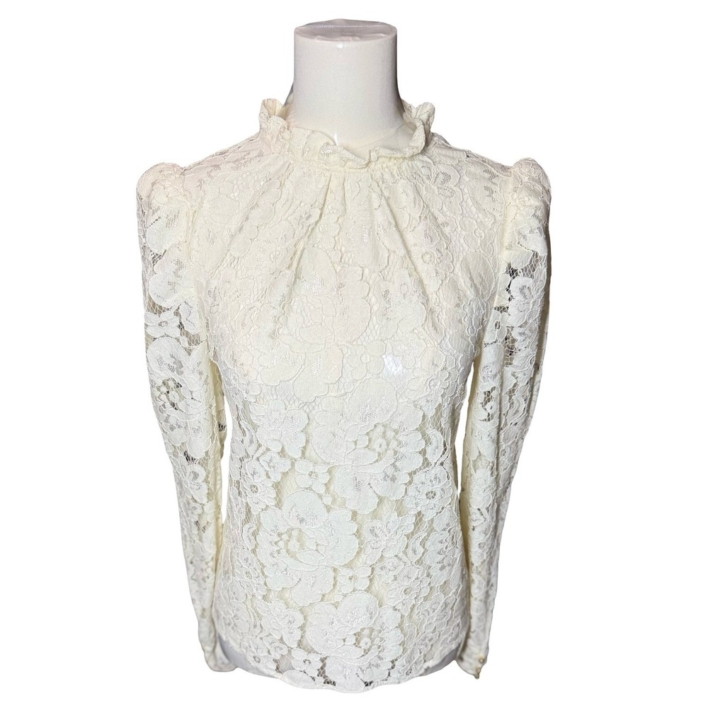 WAYF‎ Cream Floral Lace Ruffle High Neck Puff Sleeve Blouse Top XS